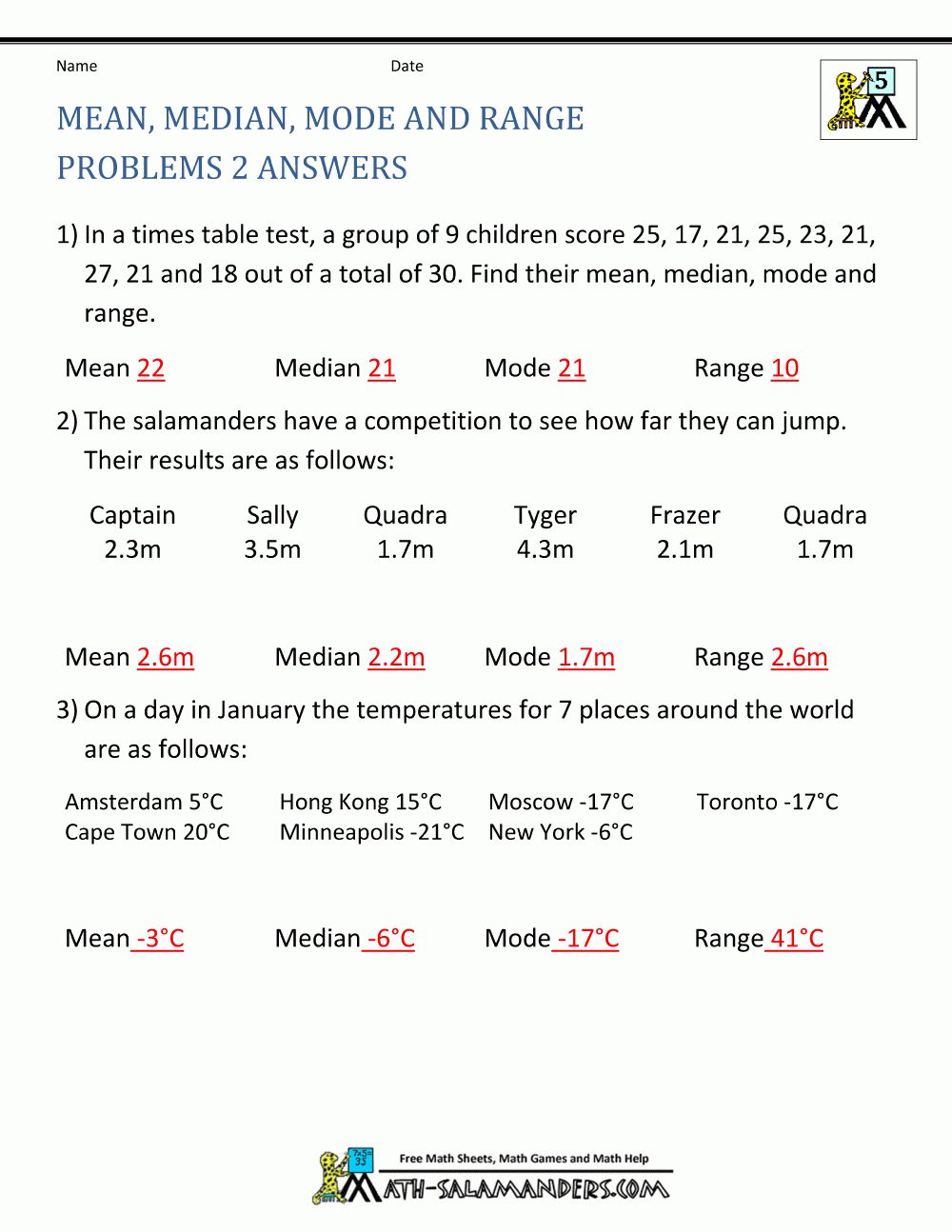 Mean Median Mode Range Worksheets With Mean Median Mode Range Worksheets With Answers