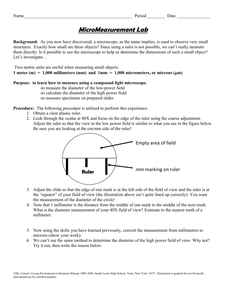 Measuring With A Microscope – Lab 7 Or Measuring With A Microscope Worksheet