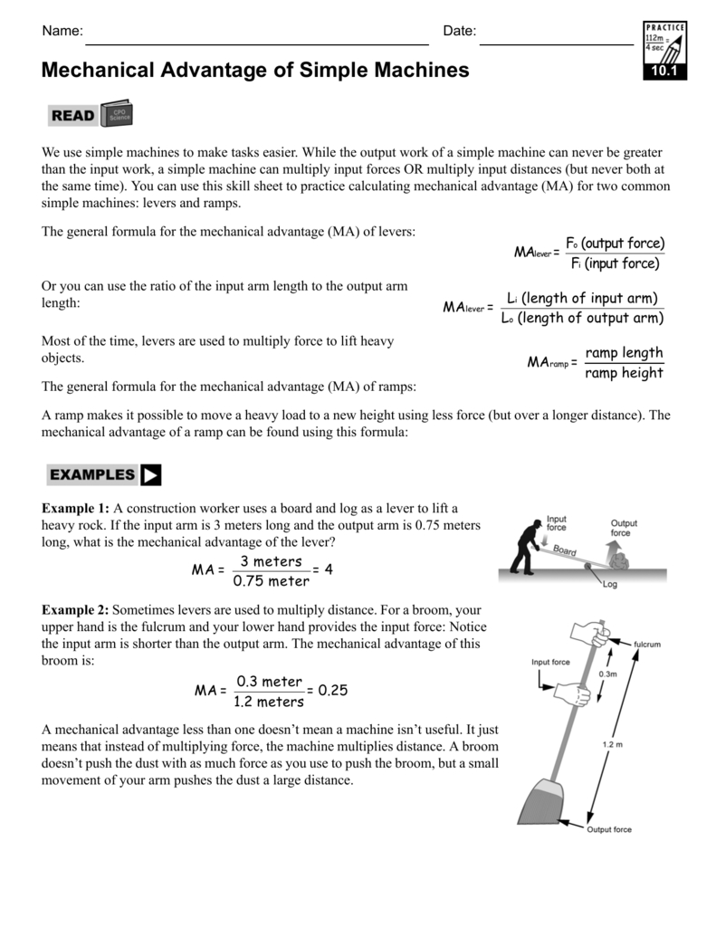 Mechanical Advantage Of Simple Machines For Simple Machines Worksheet Answers