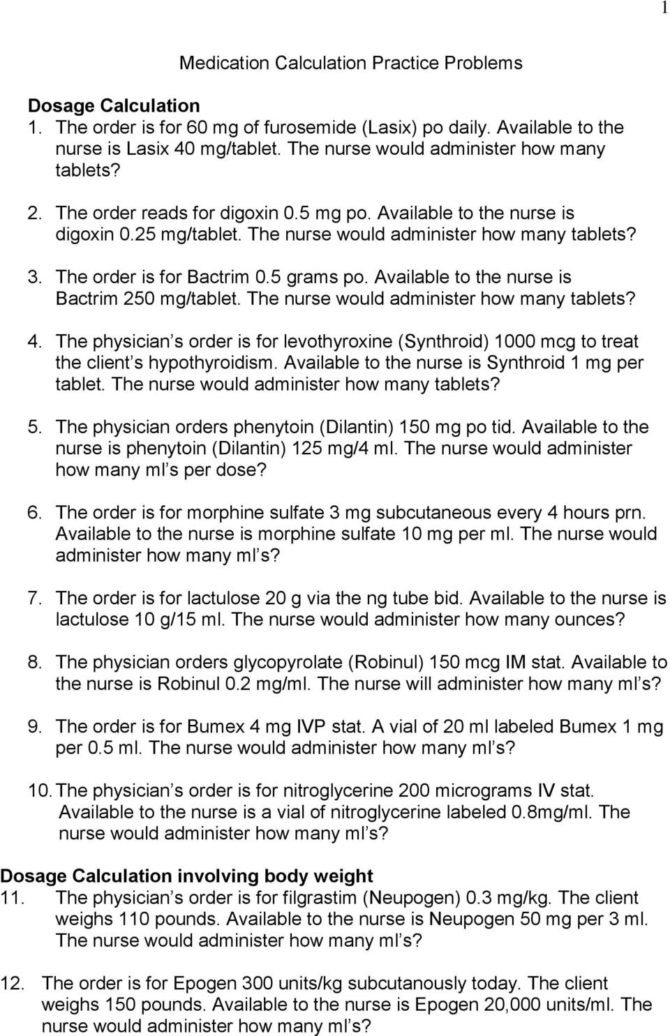 Medication Calculation Practice Problems  Pdf With Regard To Nursing Dosage Calculation Practice Worksheets