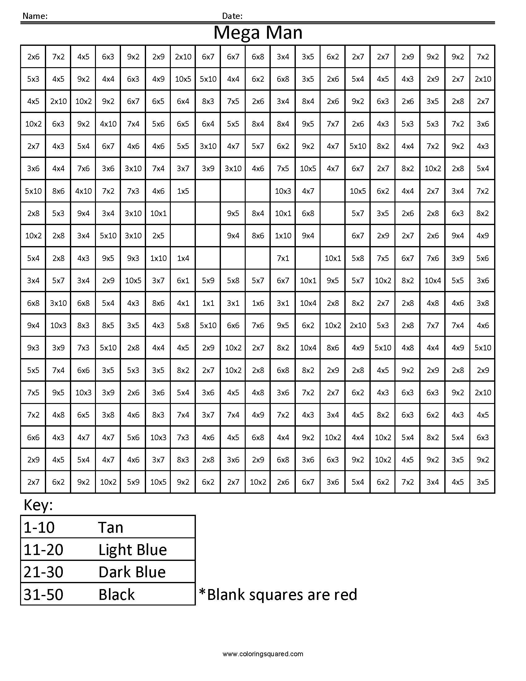 Mega Man Basic Multiplication  Coloring Squared For Multiplication Mystery Picture Worksheets