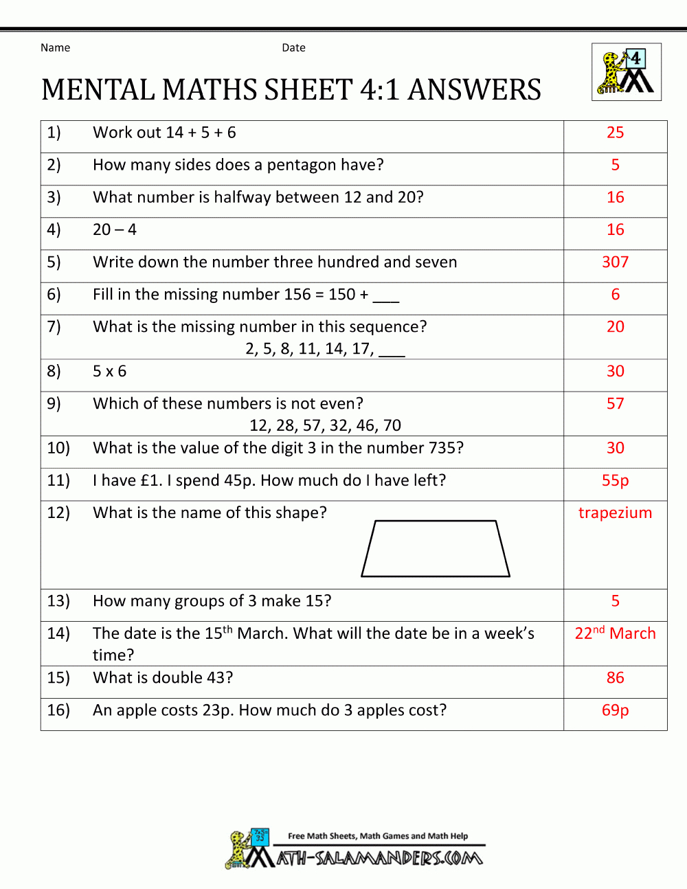 Mental Maths Test Year 4 Worksheets As Well As Maths For 10 Year Olds Worksheets