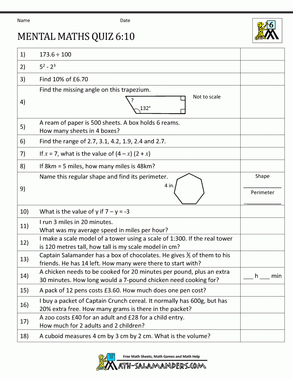 Mental Maths Tests Year 6 Worksheets With Regard To Maths For 10 Year Olds Worksheets