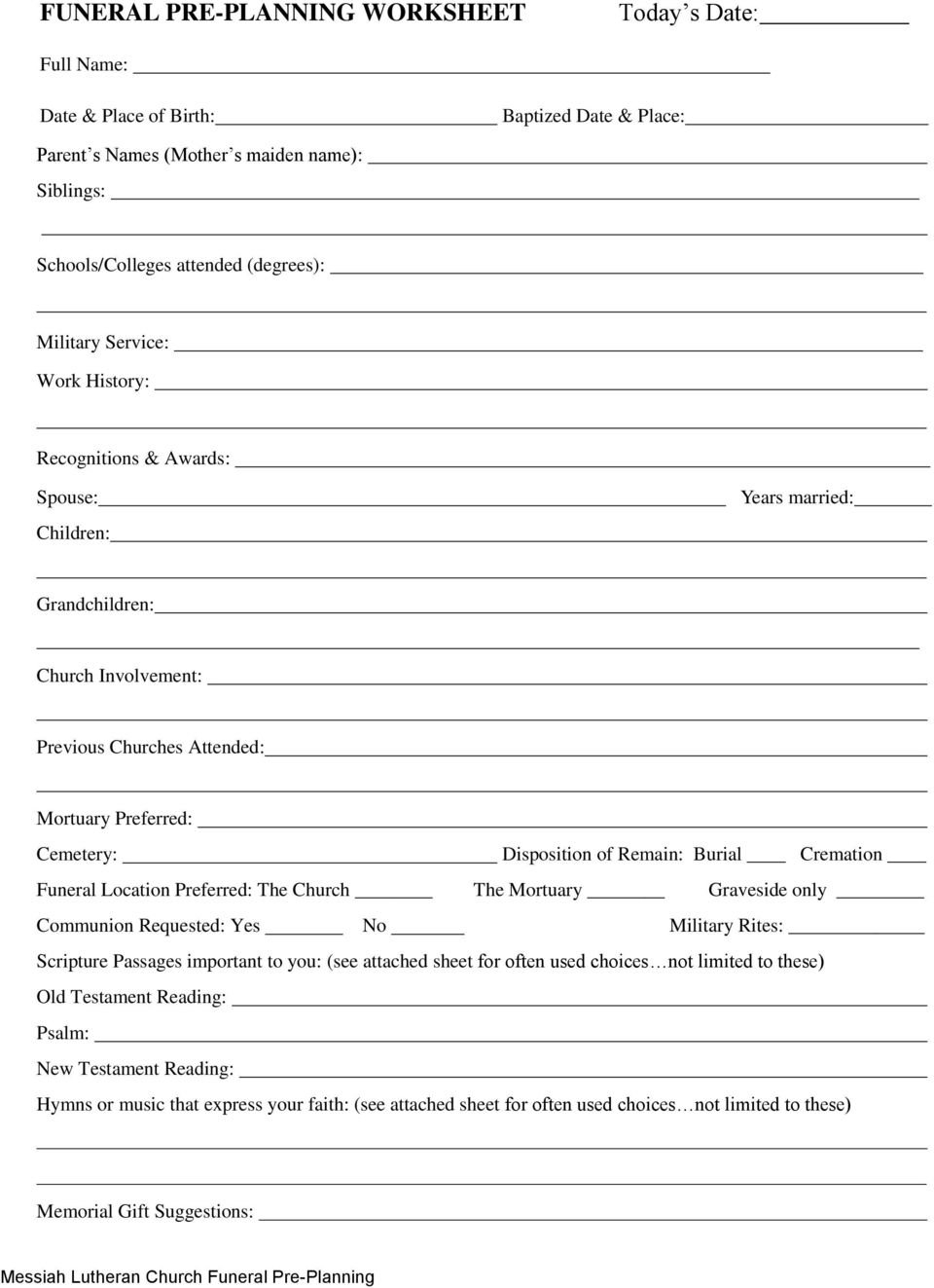 Messiah Funeral Funeral Planning Worksheet Great Solving One Step Also Funeral Pre Planning Worksheet