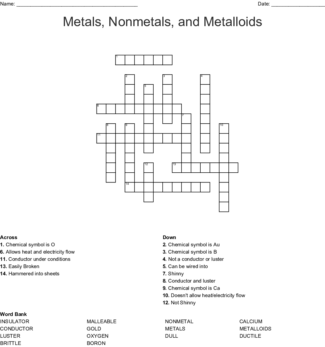 Metals Nonmetals And Metalloids Crossword  Wordmint With Metals Nonmetals And Metalloids Worksheet