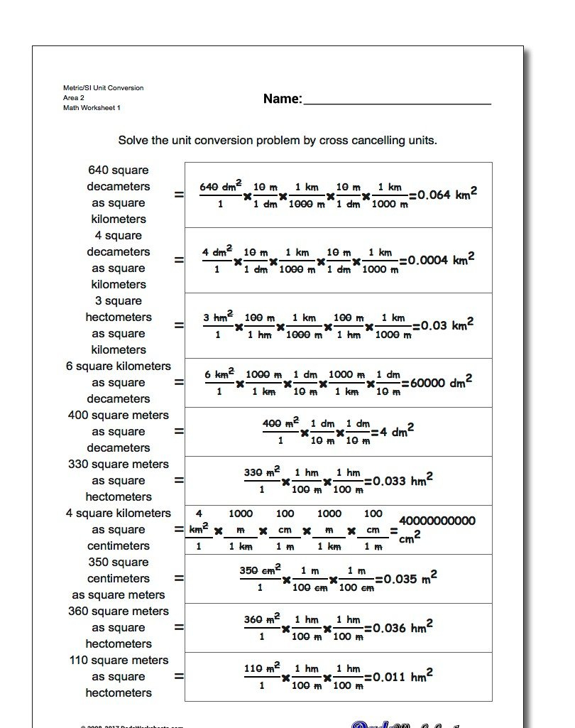 Metric Si Area In Math Conversions Worksheet