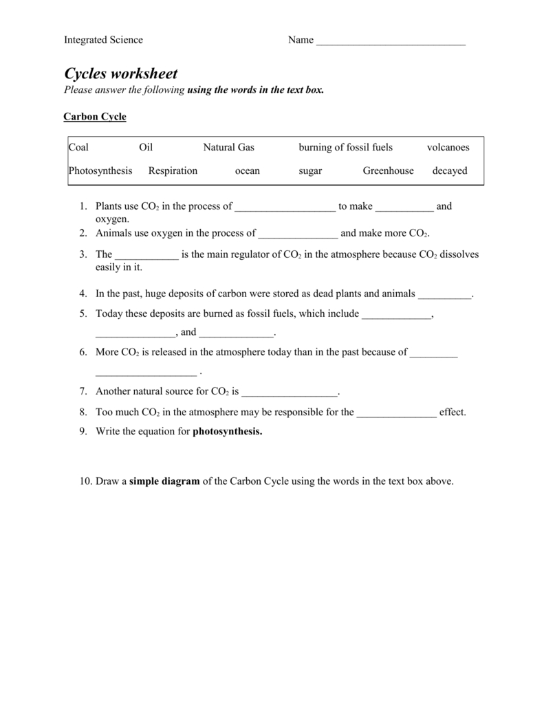 Microsoft Word  Cycles Worksheetdoc Pertaining To Water Carbon And Nitrogen Cycle Worksheet Color Sheet