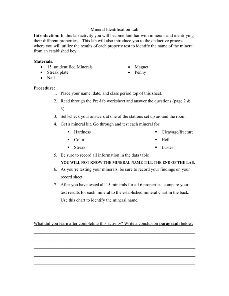 Mineral Identification Lab For Mineral Identification Worksheet