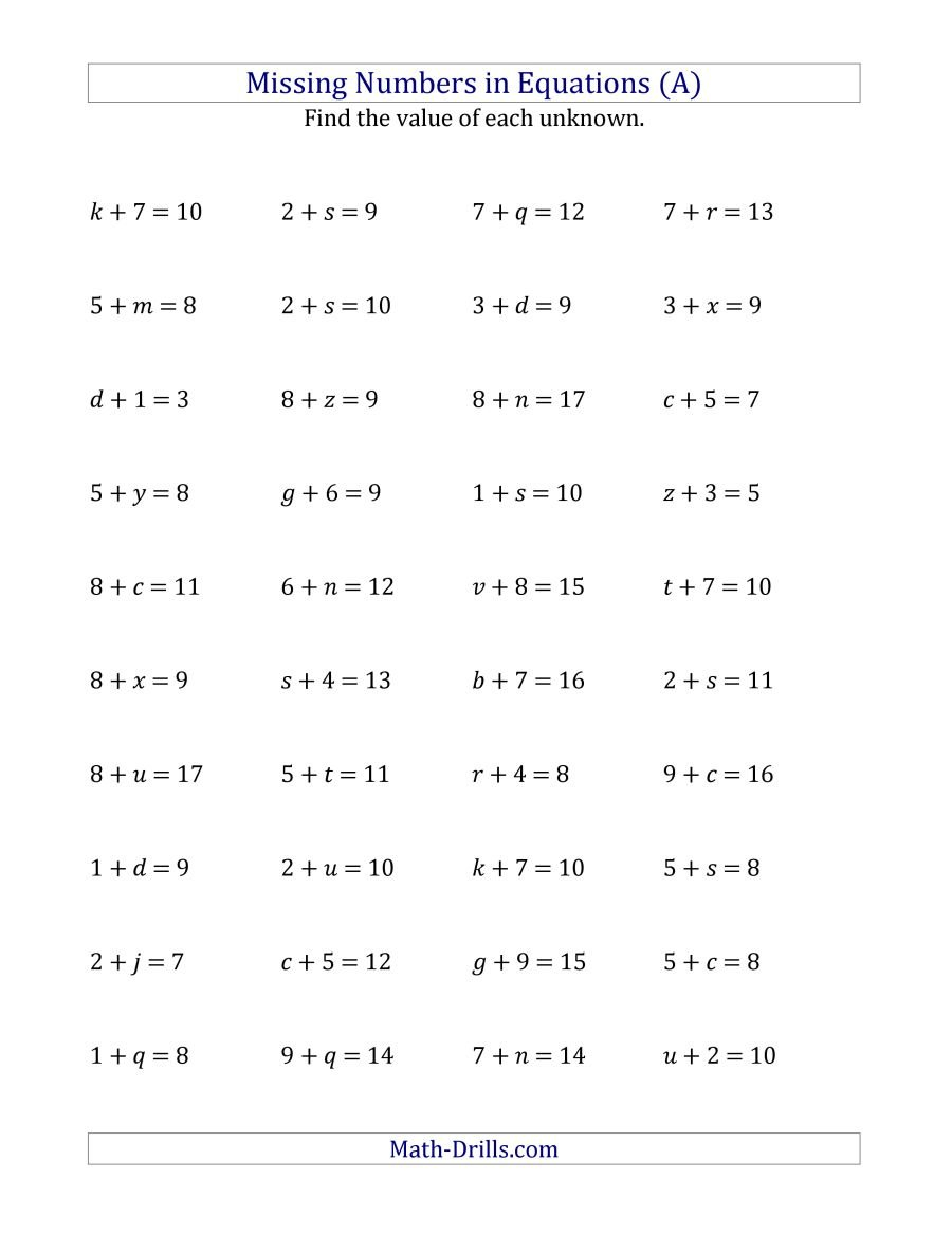 Missing Numbers In Equations Variables  Addition Range 1 To 9 A Intended For Adding And Subtracting Equations Worksheet