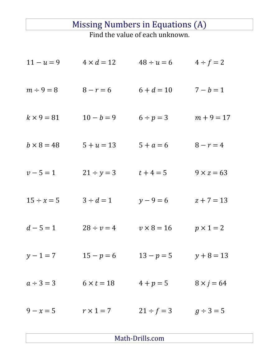 Missing Numbers In Equations Variables  All Operations Range 1 Within Math Variable Worksheets