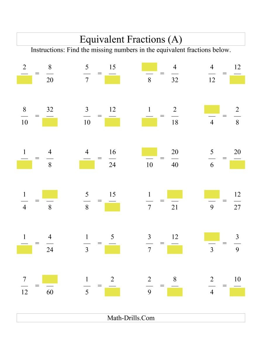 Missing Numbers In Equivalent Fractions A For Equivalent Fractions Worksheet 5Th Grade
