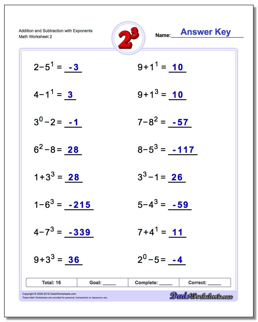 Mixed Addition And Subtraction With Exponents Regarding Operations With Exponents Worksheet