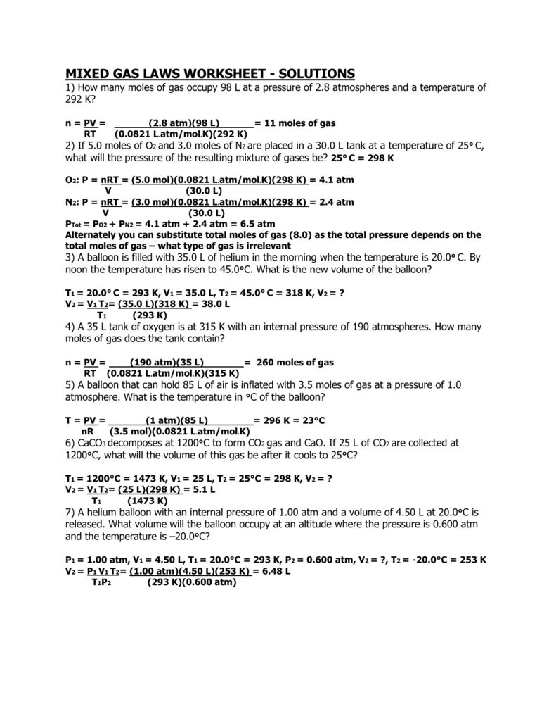 Mixed Gas Laws Worksheet  Solutions For Mixed Gas Laws Worksheet Answers