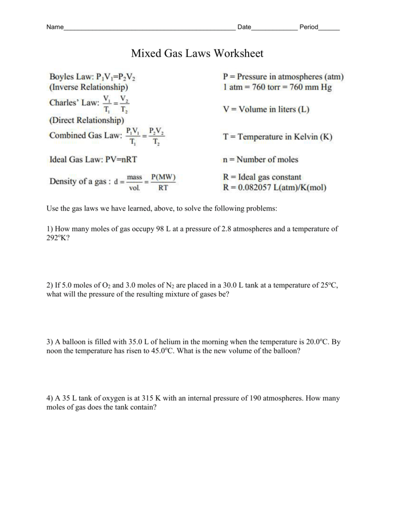 Mixed Gas Laws Worksheet With Regard To Mixed Gas Laws Worksheet Answers