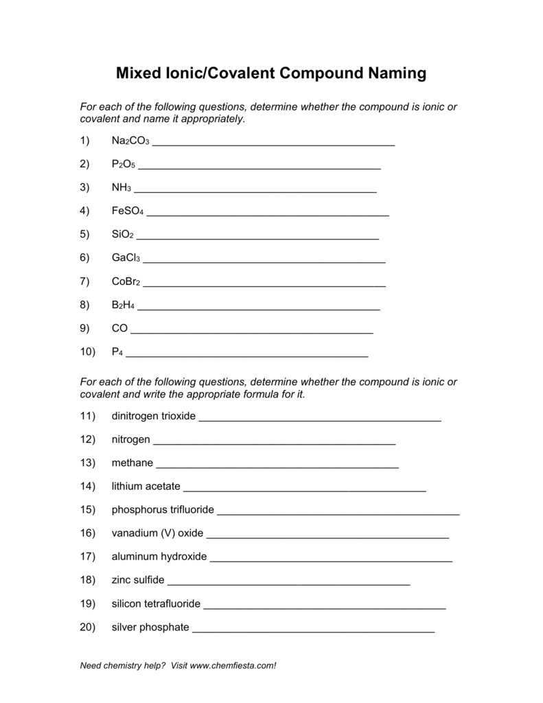 Mixed Ioniccovalent Compound Naming Intended For Naming Ionic And Covalent Compounds Worksheet