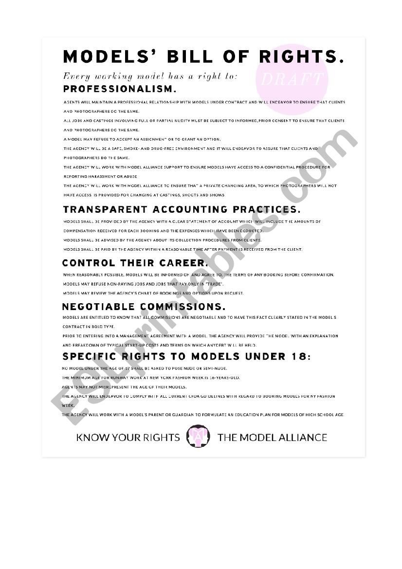 Model Bill Of Rights  Esl Worksheet2Tiresome For Bill Of Rights Worksheet