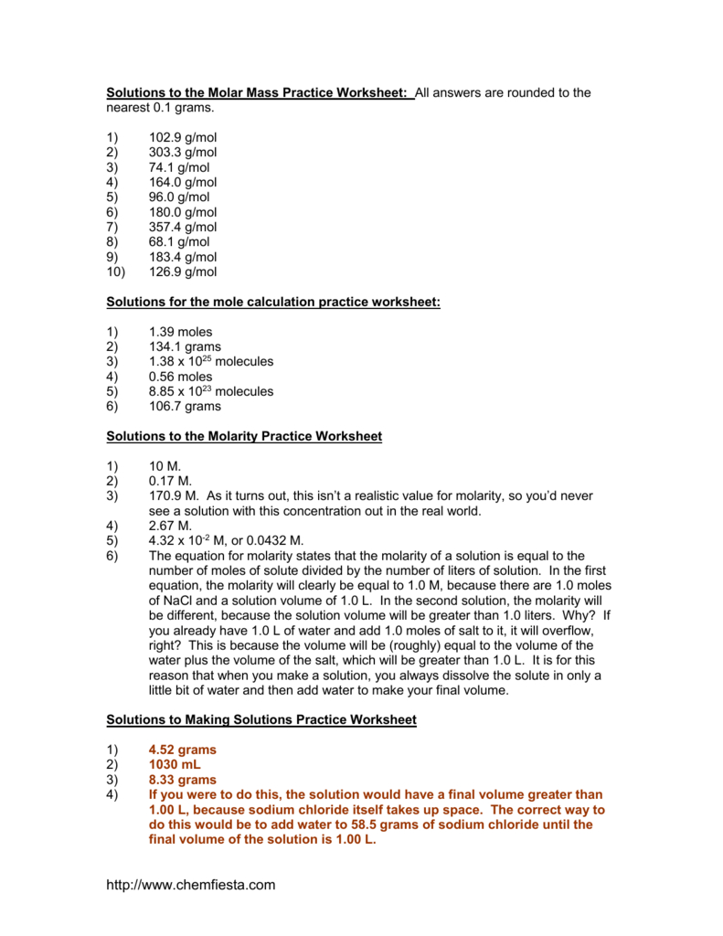 Molar Mass Practice Worksheet And Molar Mass Worksheet Answer Key