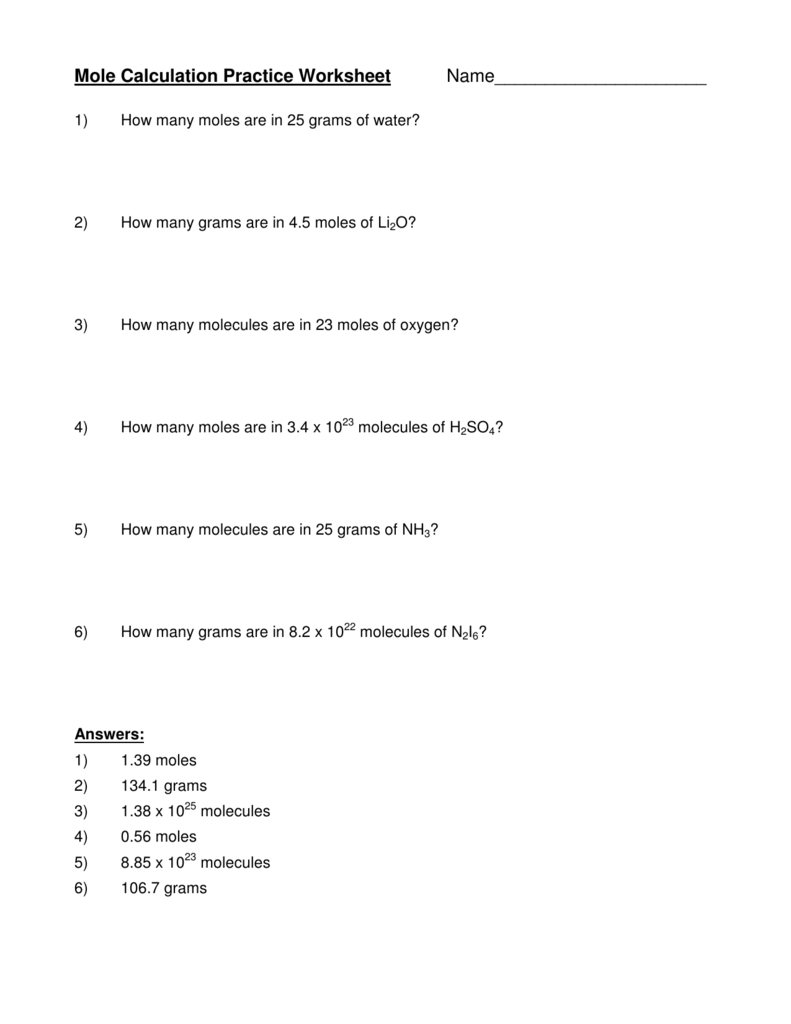 Mole Calculation Practice Worksheet Name Also Moles Worksheet Answers