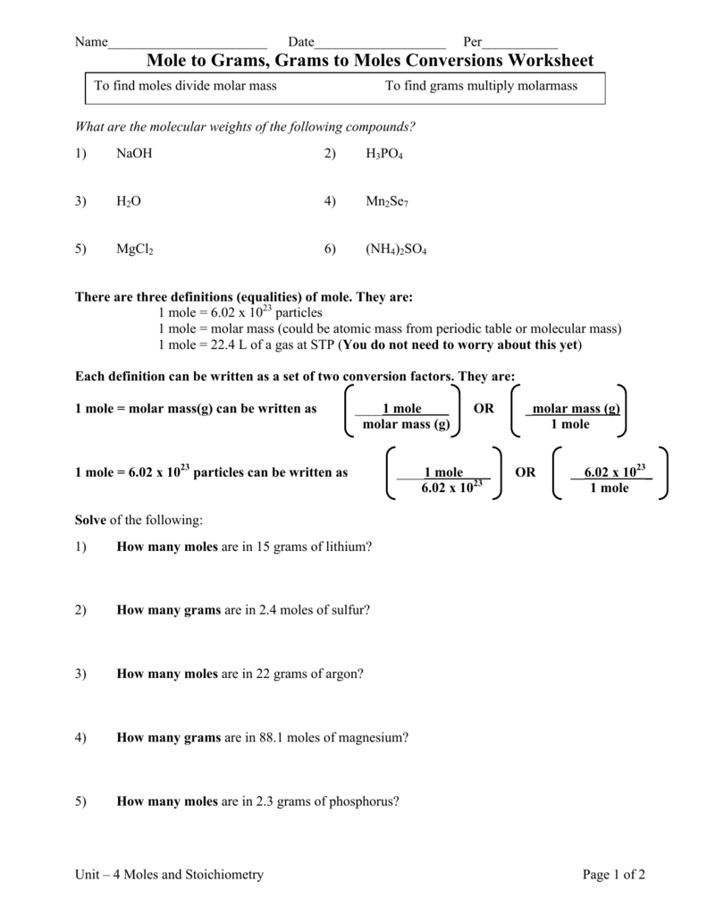 Mole Calculations Worksheet Intended For Mole To Grams Grams To Moles Conversions Worksheet Answer Key