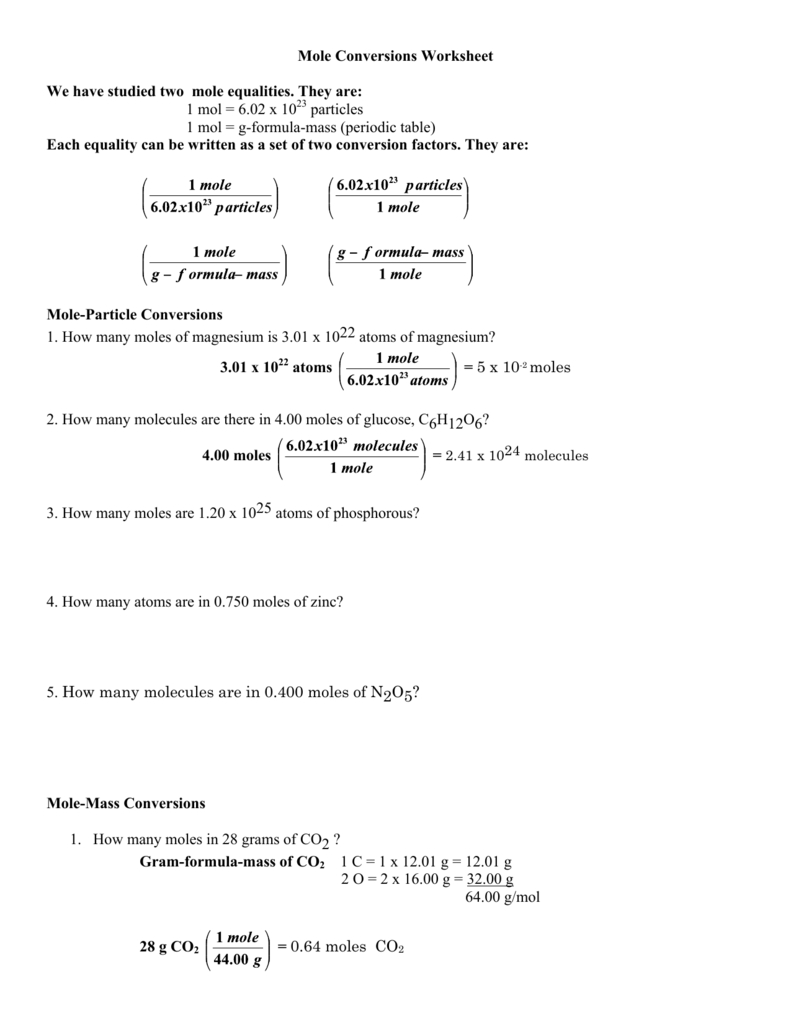 Mole Conversions Worksheet For Moles And Mass Worksheet