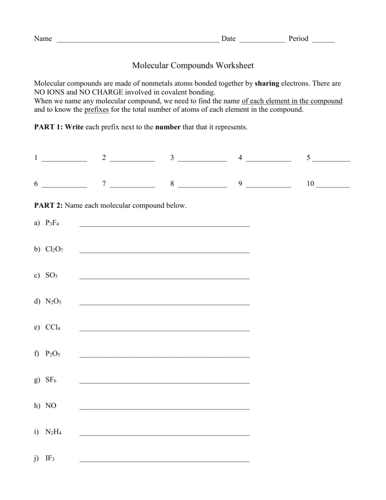 Molecular Compounds Ws Intended For Molecular Compounds Worksheet