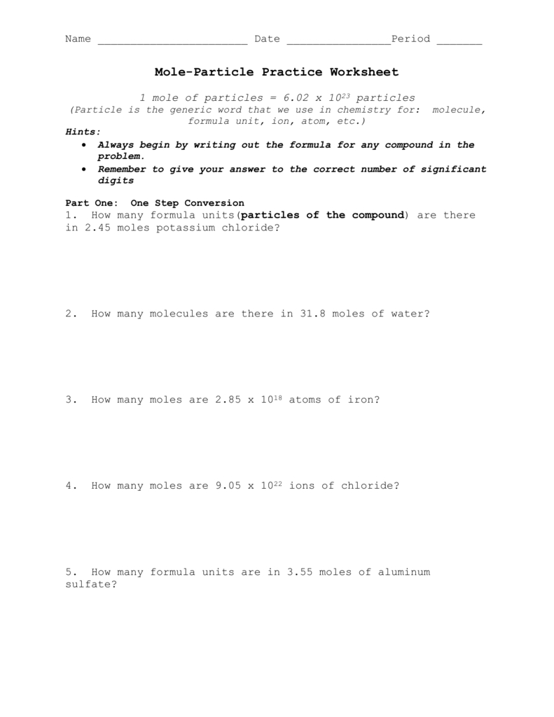 Moleparticle Practice Worksheet Regarding Moles Worksheet Answers