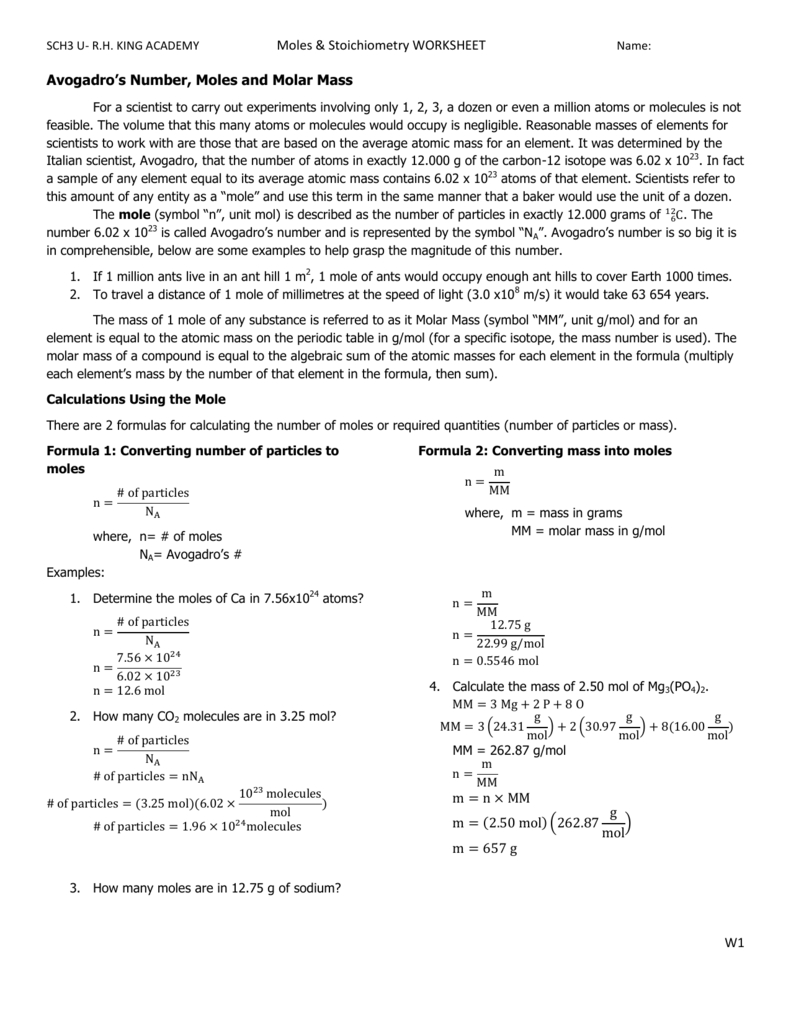 Moles  Stoichiometry Worksheet W1 Avogadro's Number For Moles And Mass Worksheet