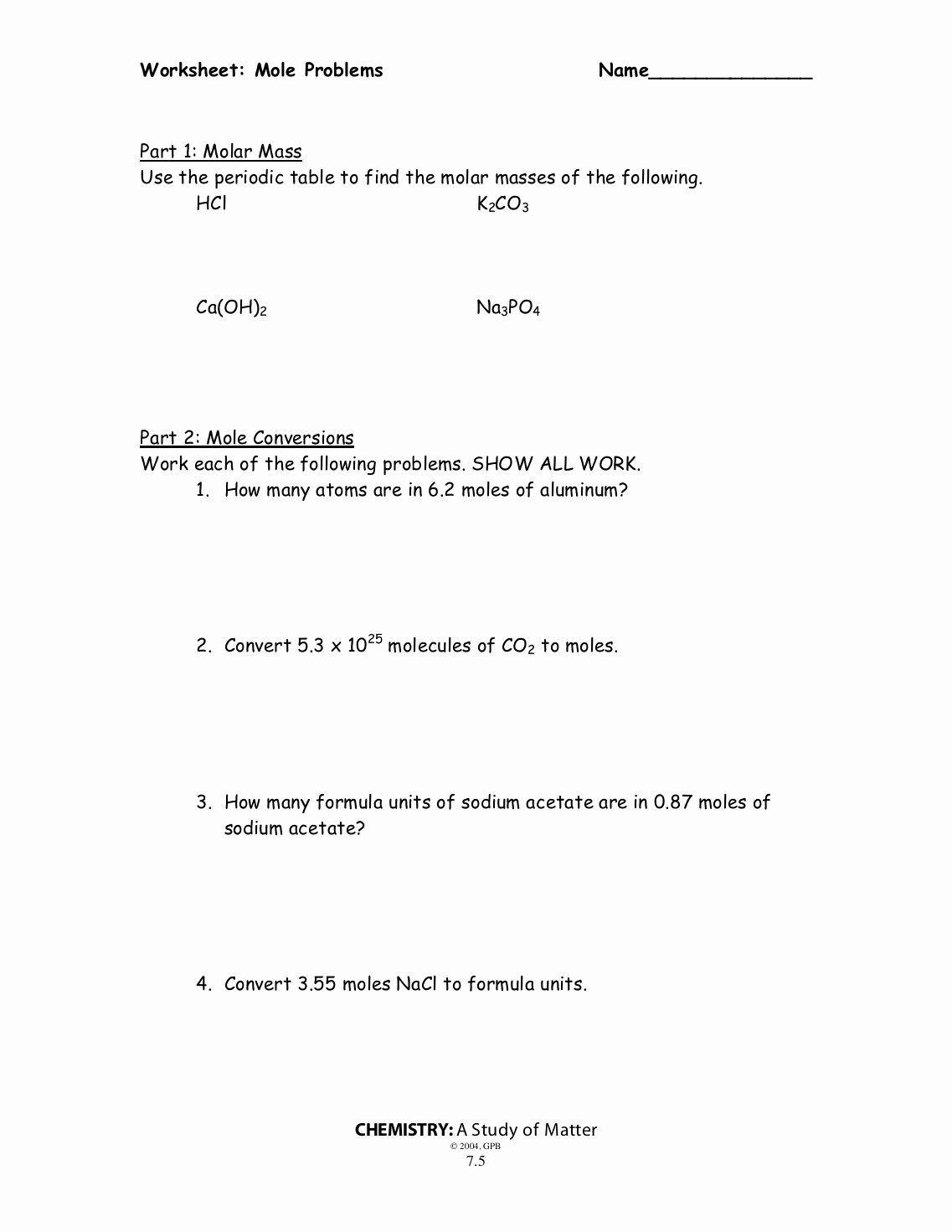 Moles To Grams Worksheet Mole Problems Good States Of Matter As Well As Worksheet Mole Mass Problems