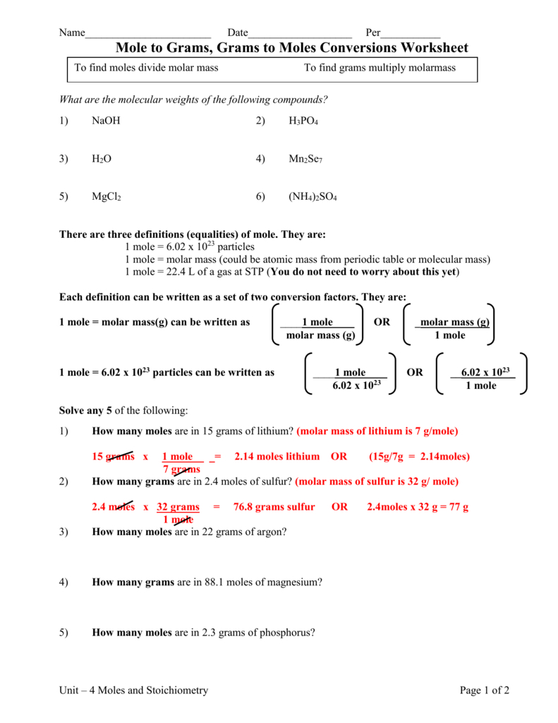 Moles To Grams Ws Also Mole Conversion Worksheet With Answers