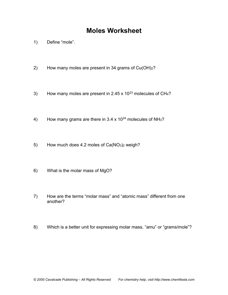 Moles Worksheet Regarding Moles Worksheet Answers