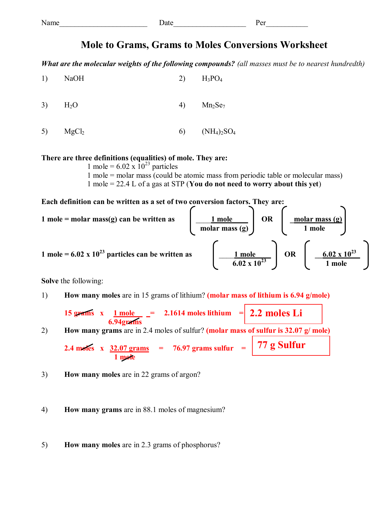 Molestogrmasandgramstomolesconversionswswithans Together With Mole To Grams Grams To Moles Conversions Worksheet Answer Key