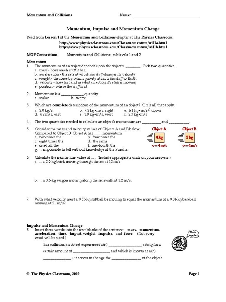 Momentum And Collisions Worksheet Answer Key Excelguider