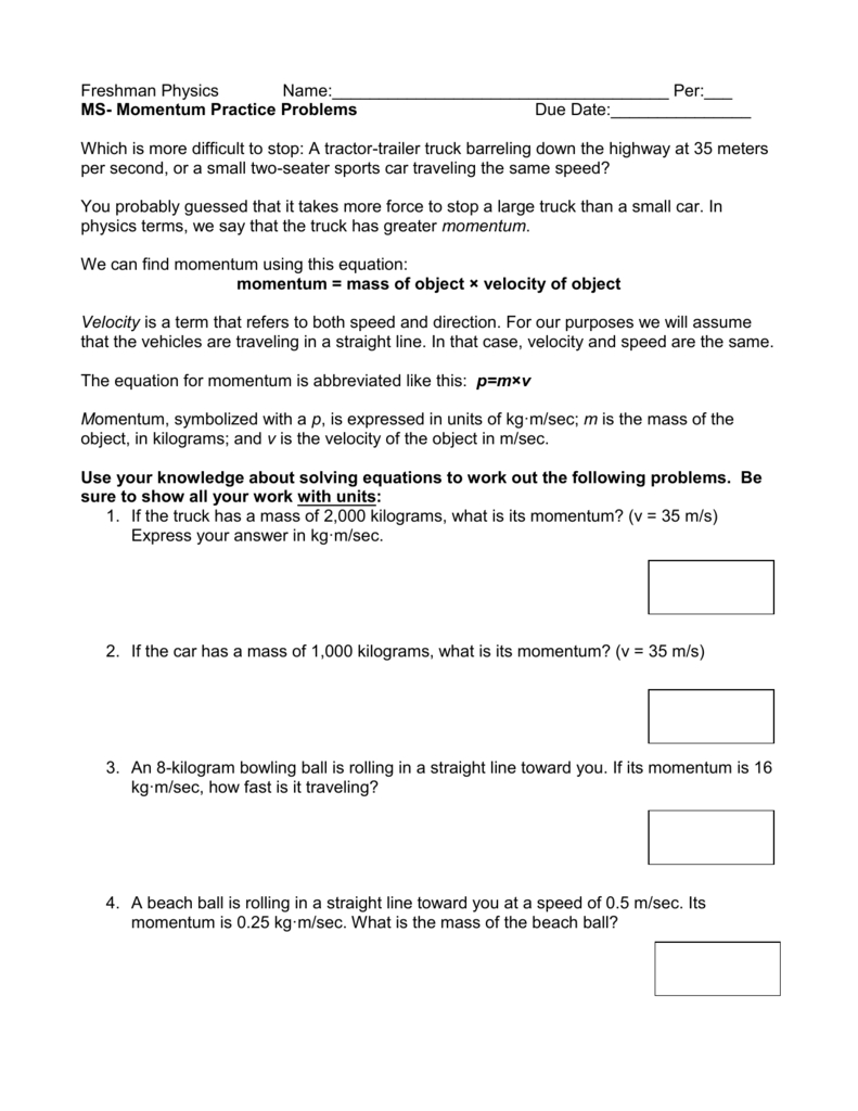 Momentum Practice Problems Within Momentum Problems Worksheet Answers