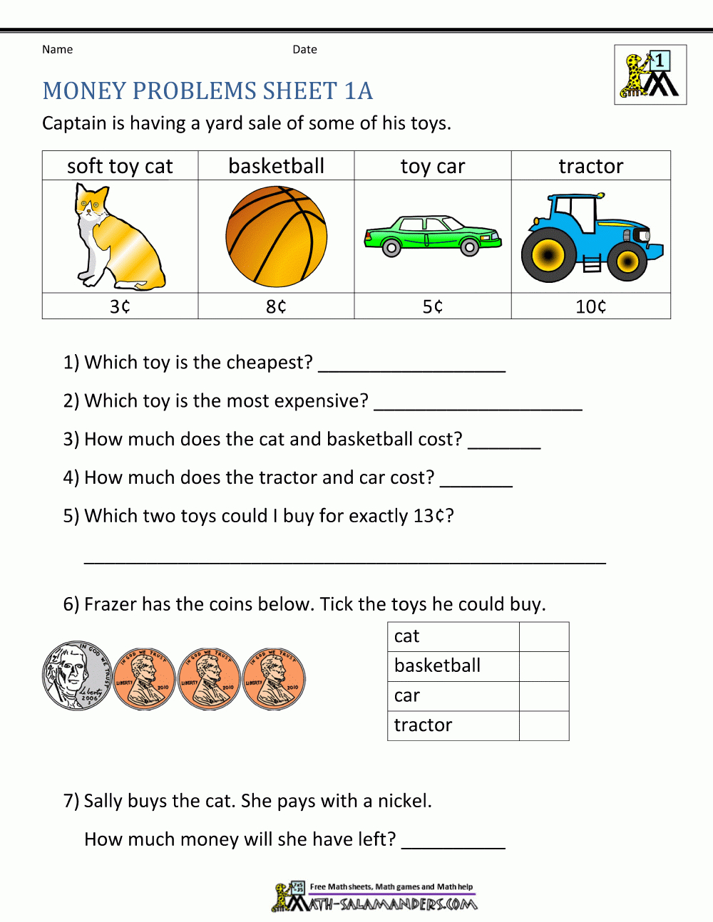 Money Worksheets For First Grade In Money Word Problems Worksheets