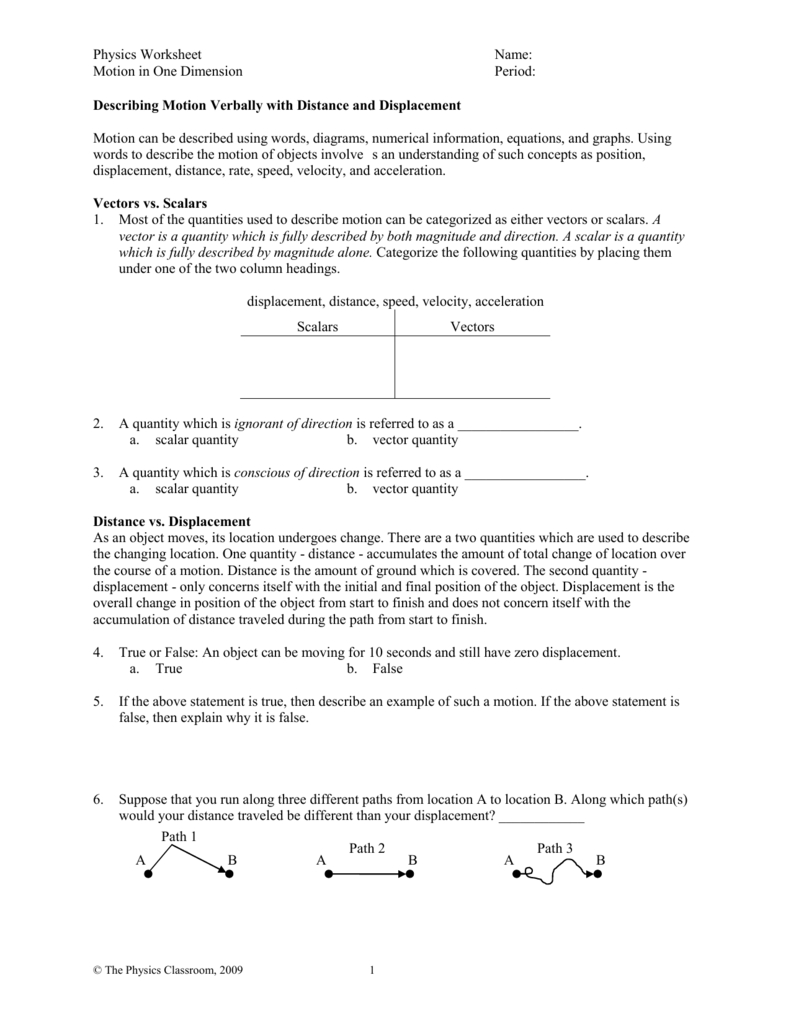 Motion In One Direction Part 1 Along With Motion In One Dimension Worksheet Answers