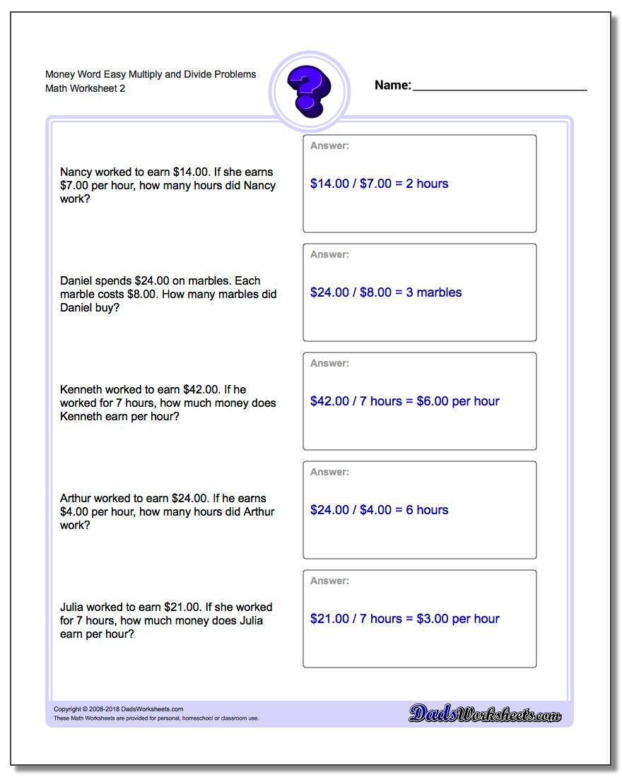 Multiplication And Division Money Word Problems With Money Word Problems Worksheets