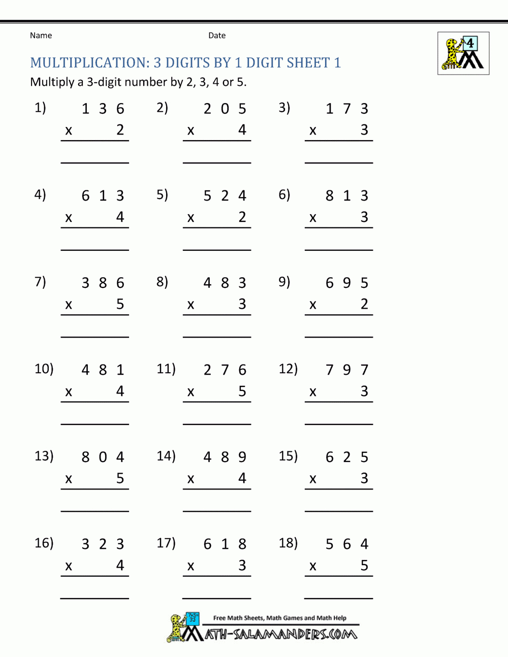 Multiplication Sheet 4Th Grade Also 4 Digit By 1 Digit Multiplication Worksheets Pdf