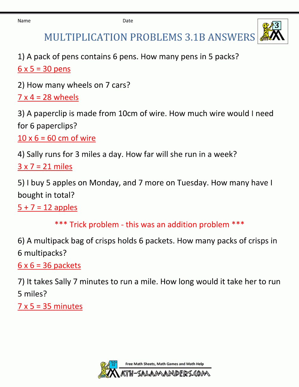 Multiplication Word Problem Worksheets 3Rd Grade And Owning A Car Math Worksheet Version 1 Answers