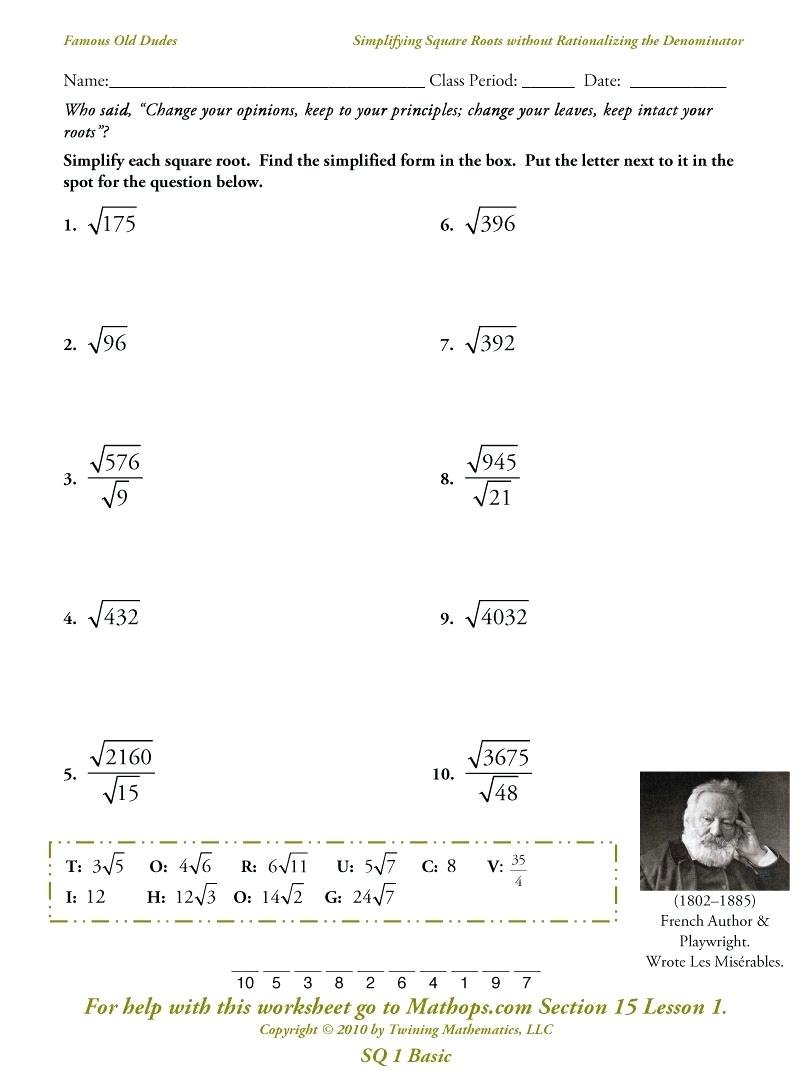 Multiply Square Root Fractions Math Simplifying Square Roots Basic In Simplifying Square Roots Worksheet Answers