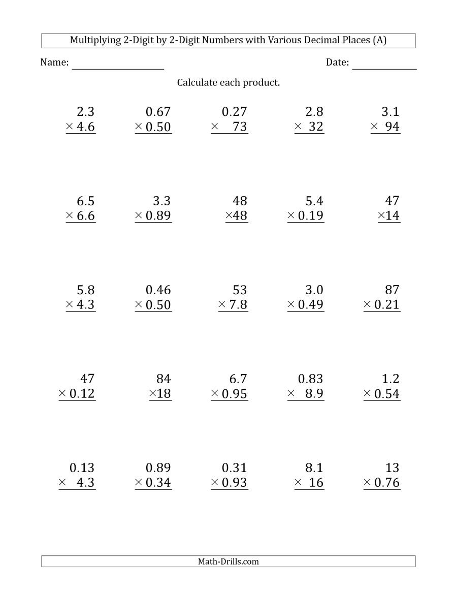 Multiplying 2Digit2Digit Numbers With Various Decimal Places A In Multiplying Two Digit Numbers Worksheet