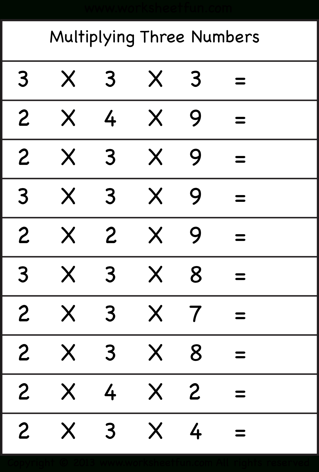 Multiplying 3 Numbers – Three Worksheets  Free Printable Worksheets Inside Multiplying 3 Factors Worksheets