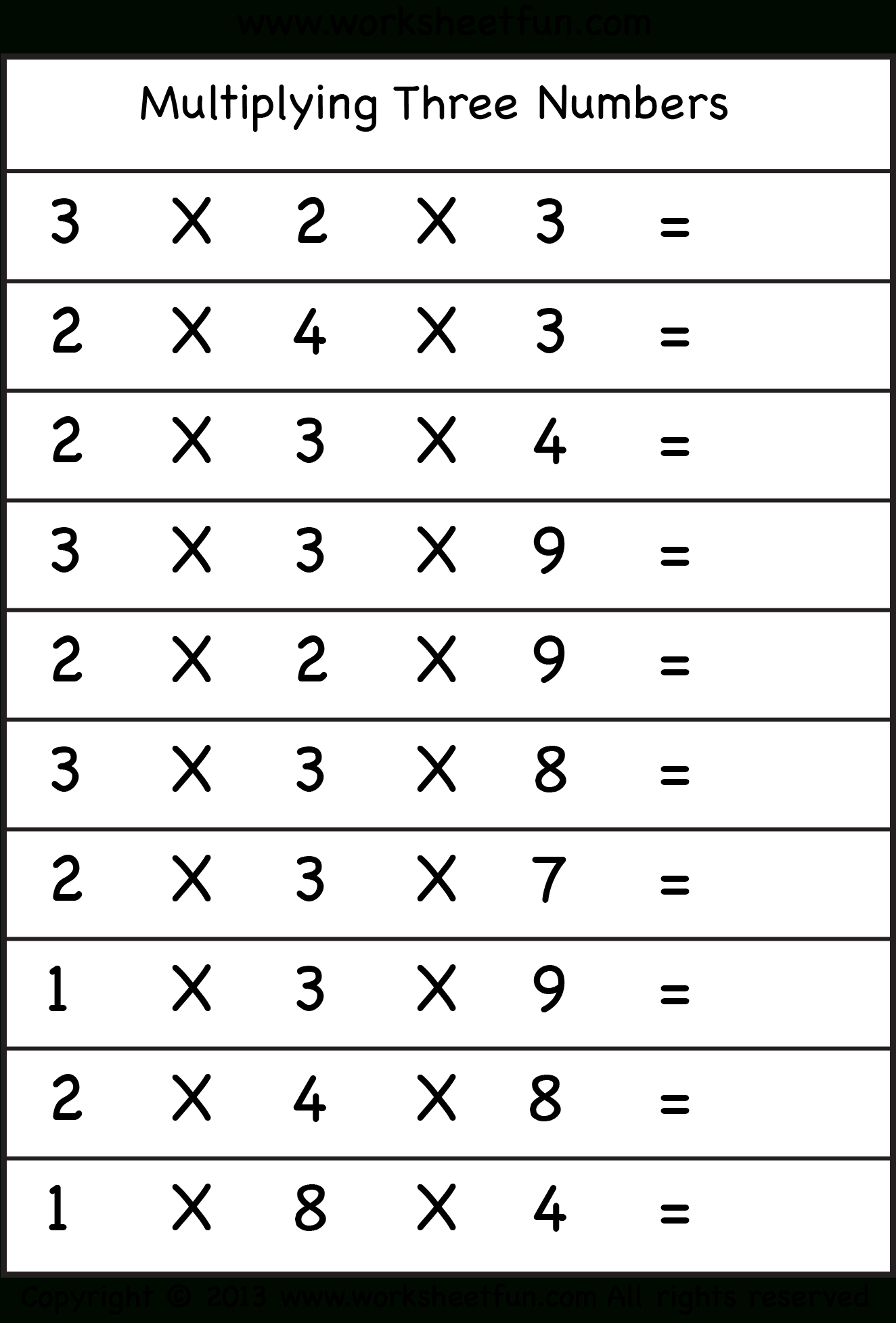 Multiplying 3 Numbers – Three Worksheets  Free Printable Worksheets Together With Multiplying 3 Factors Worksheets