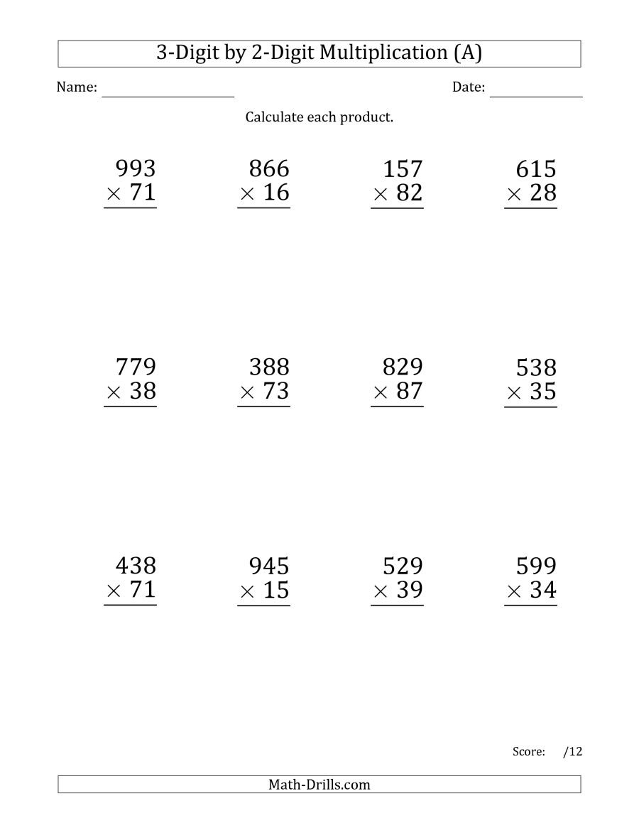Multiplying 3Digit2Digit Numbers Large Print A In Multiplying Two Digit Numbers Worksheet