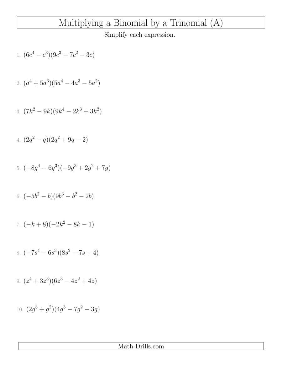 Multiplying A Binomiala Trinomial A Also Multiplying Polynomials Worksheet Algebra 2