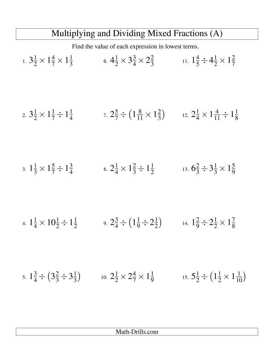 Multiplying And Dividing Mixed Fractions With Three Terms A Throughout Dividing Mixed Numbers Worksheet