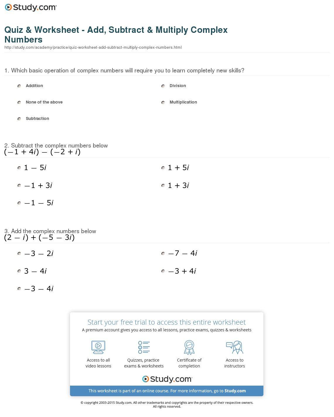 Multiplying Complex Numbers Worksheet  Yooob Pertaining To Algebra 2 Complex Numbers Worksheet Answers