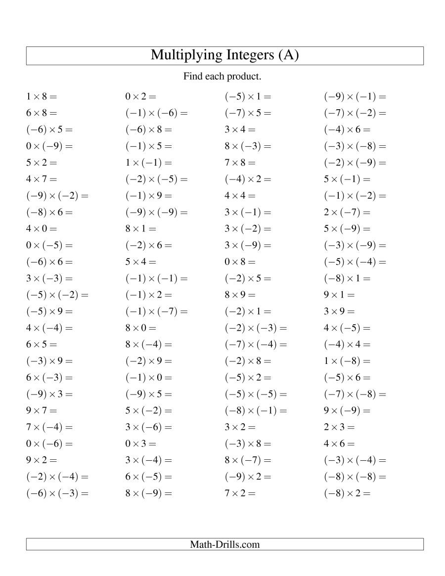 Multiplying Integers  Mixed Range 9 To 9 A For Integers Worksheets With Answers For Grade 6