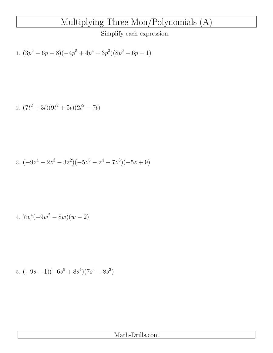 Multiplying Monomials And Polynomials With Three Factors A Throughout Polynomials Worksheet Pdf