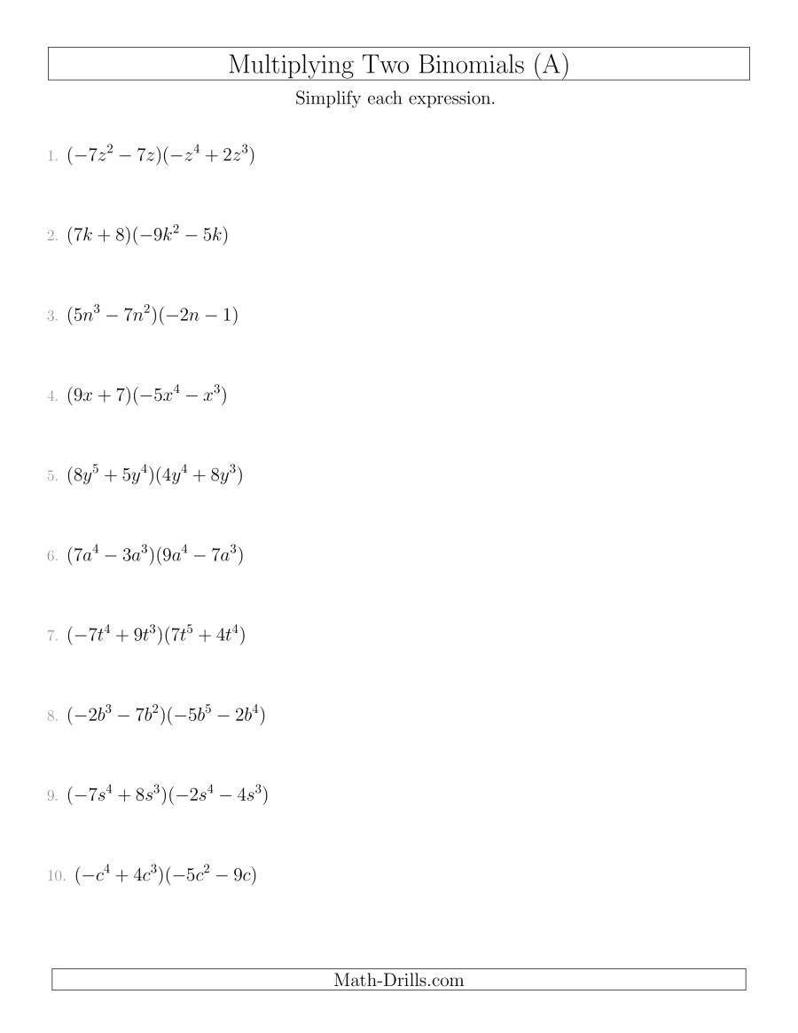 Multiplying Two Binomials A For Multiplying Polynomials Worksheet Algebra 2