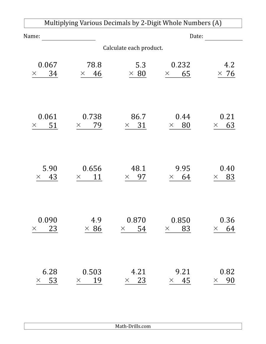 Multiplying Various Decimals2Digit Whole Numbers A In Multiplying Decimals By Whole Numbers Worksheet